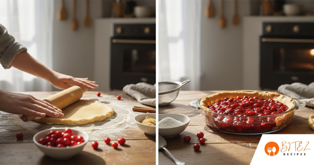 Homemade goumi pie being prepared step-by-step with dough, filling, and fresh goumi berries