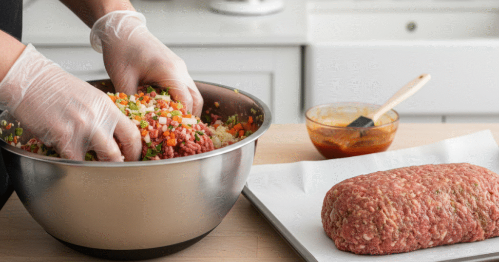 Step-by-step guide to making meatloaf with ingredients being mixed and shaped on a baking tray.