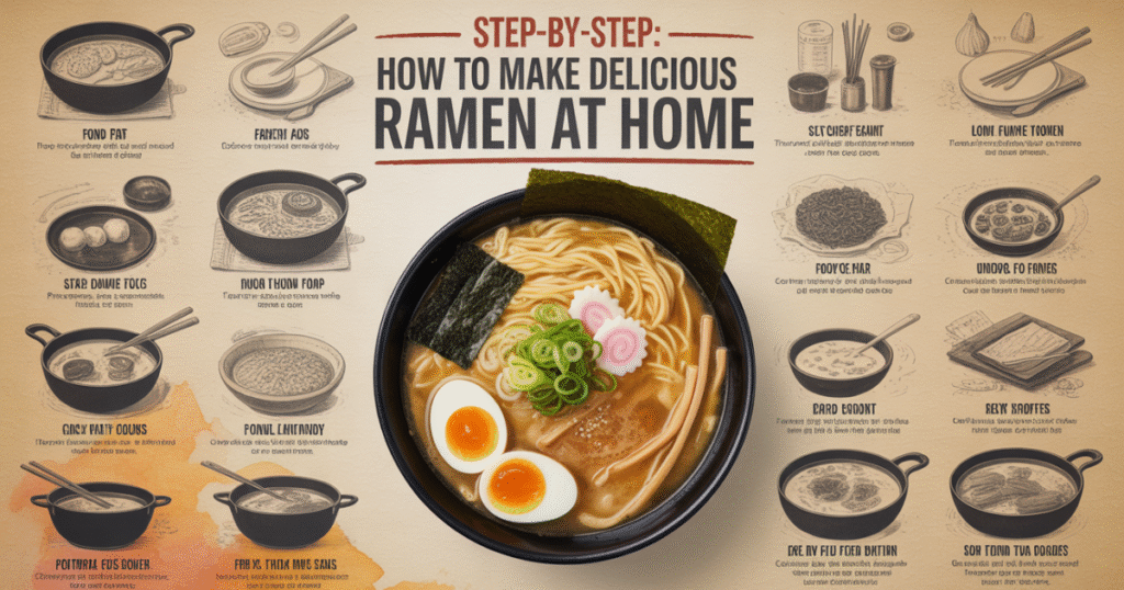 Homemade ramen being prepared in a pot with vegetables, noodles, and broth.