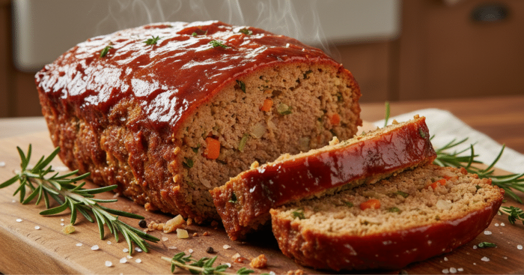Moist and juicy meatloaf sliced to show tender inside with glaze and herbs.