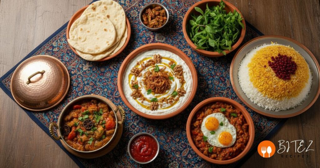 Traditional Persian eggplant recipes including Kashk-e Bademjan, Mirza Ghasemi, and eggplant stew with rice