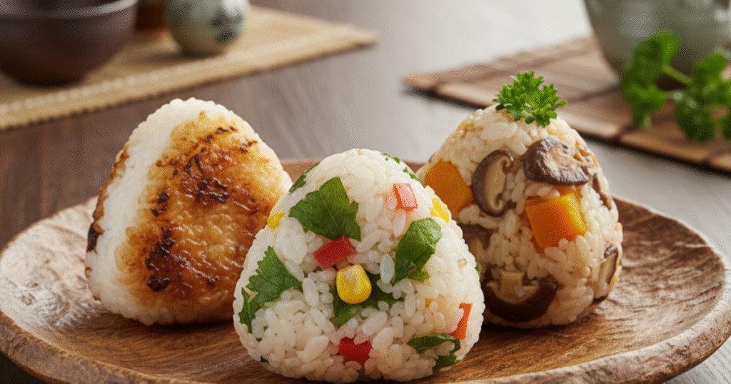 Variations of onigiri including yaki onigiri, mixed rice, and seasonal flavors.
