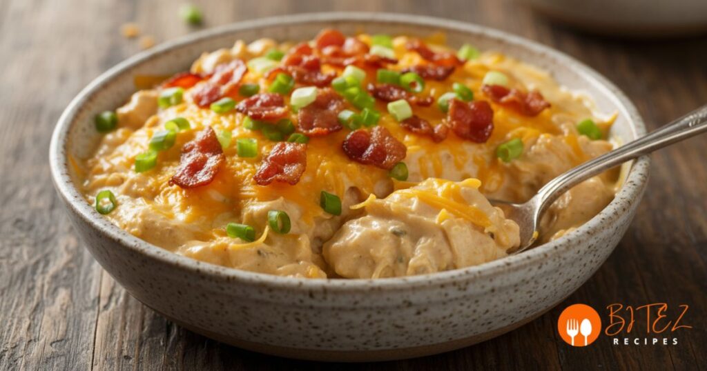 Crack Chicken Recipe topped with cheese, bacon, and green onions in a bowl.
