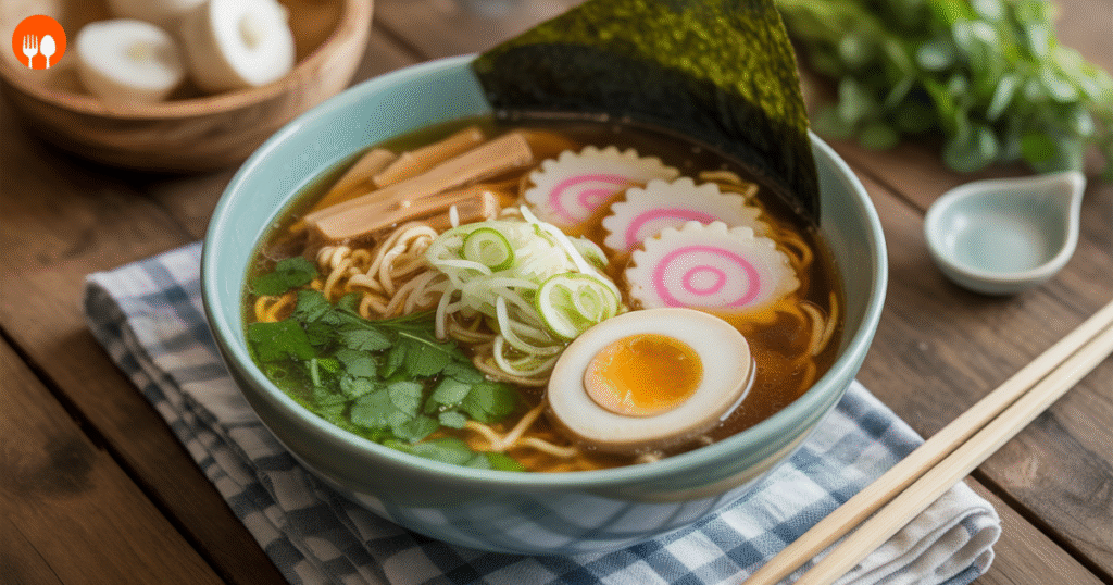 A steaming bowl of Japanese ramen with noodles, broth, egg, and vegetables.
