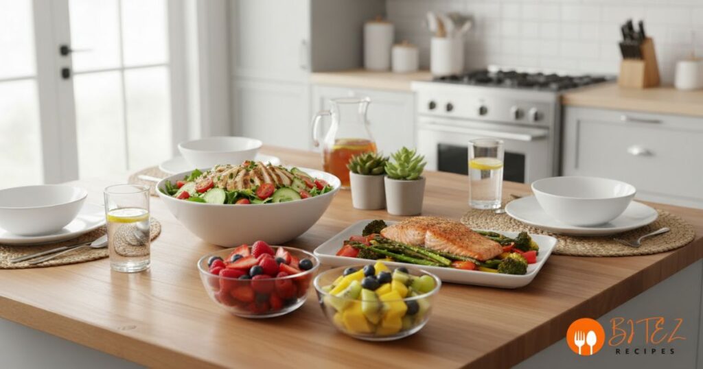 What is the New Life Promise Plan guidebook with healthy meals and fresh ingredients on a table.