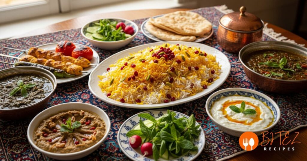 Close-up of authentic Persian dishes including saffron rice, kebabs, eggplant stew, and herb stew