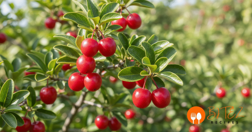 Why goumi berries are a great choice for making a delicious goumi pie recipe, shown with fresh goumi berries on a plant in sunlight