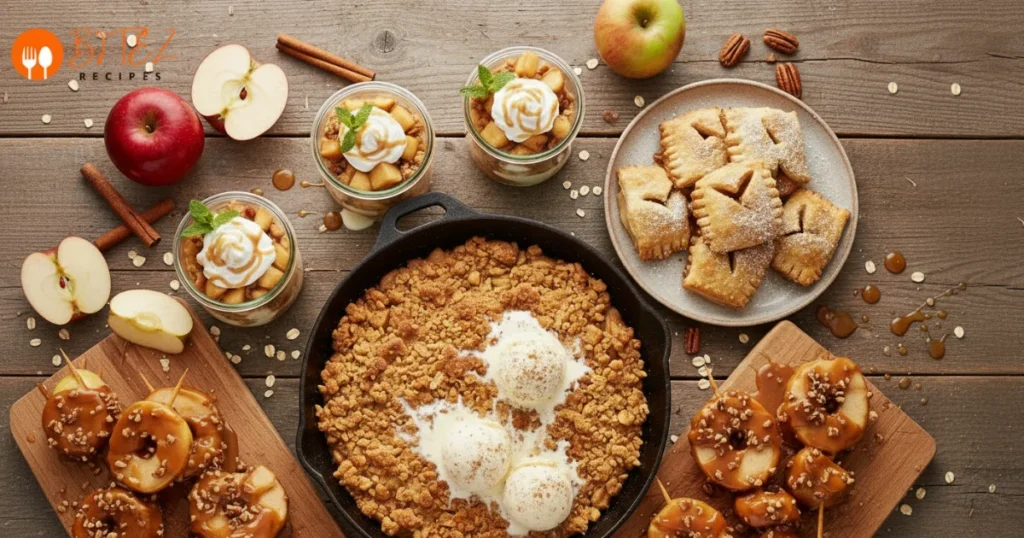 A table filled with different apple desserts including crisps, parfaits, and pies.