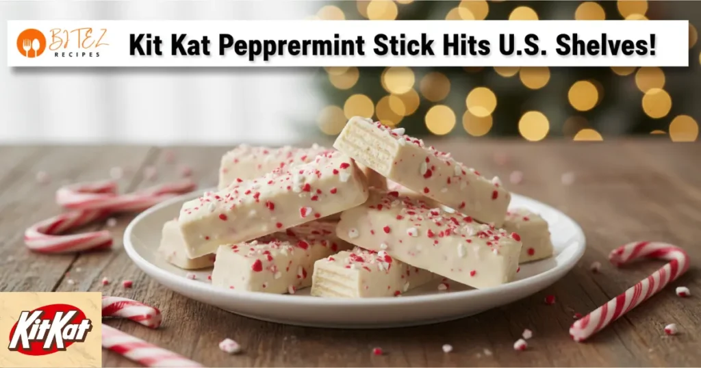 Kit Kat Peppermint Stick bars on a holiday table with overlay text ‘Kit Kat Peppermint Stick Hits U.S. Shelves!