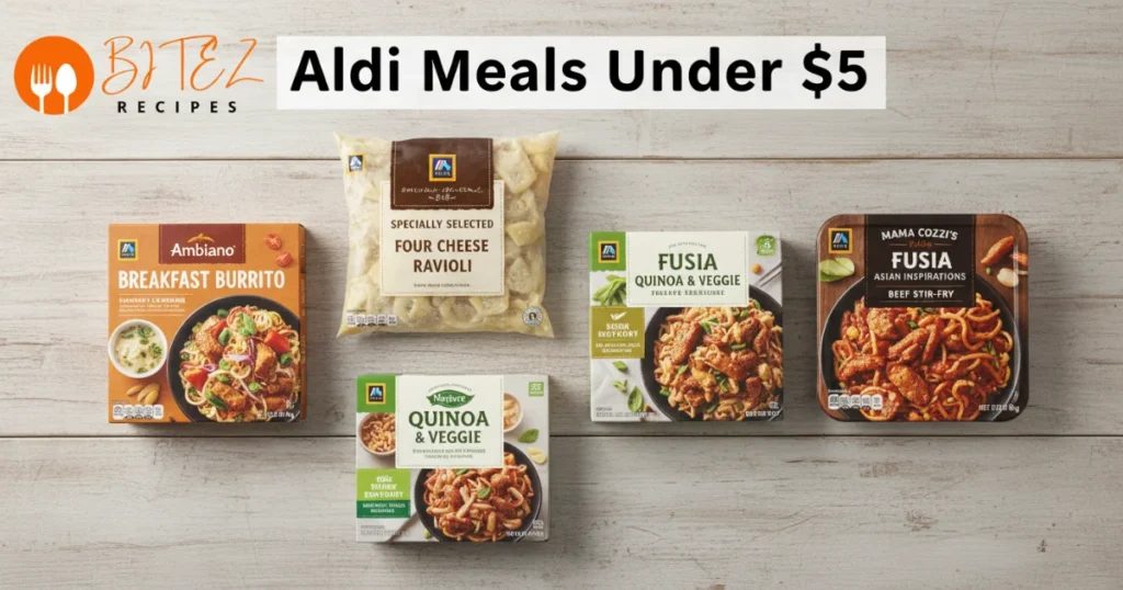 Five Aldi meals under $5 including burritos, pasta, stir-fry, ravioli, and quinoa bowl.