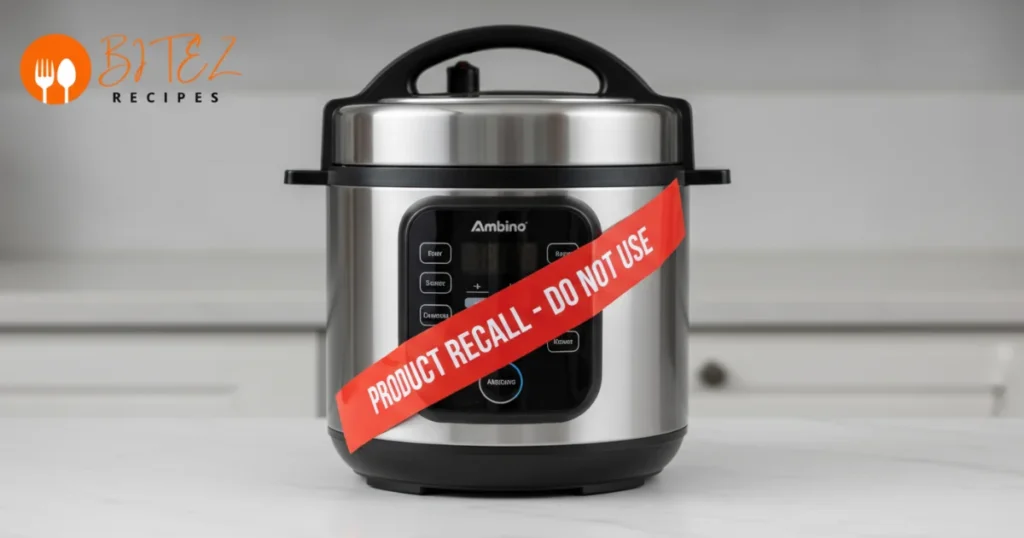 Aldi Ambiano electric pressure cooker with a recall warning label.