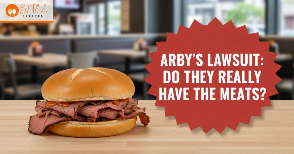 Arby’s sandwich with less meat beside bold lawsuit warning text.