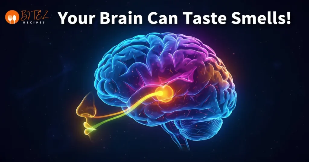 Human brain glowing with pathways linking the nose and mouth, illustrating how retronasal odors trigger taste sensations.