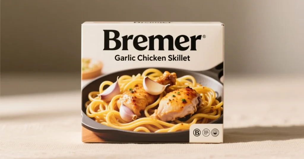 Real Bremer Garlic Chicken Skillet box showing pasta and chicken meal.