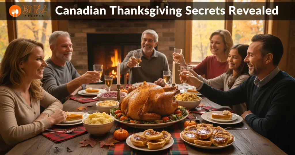 Canadian Thanksgiving dinner with turkey, pumpkin pie, and family gathering.