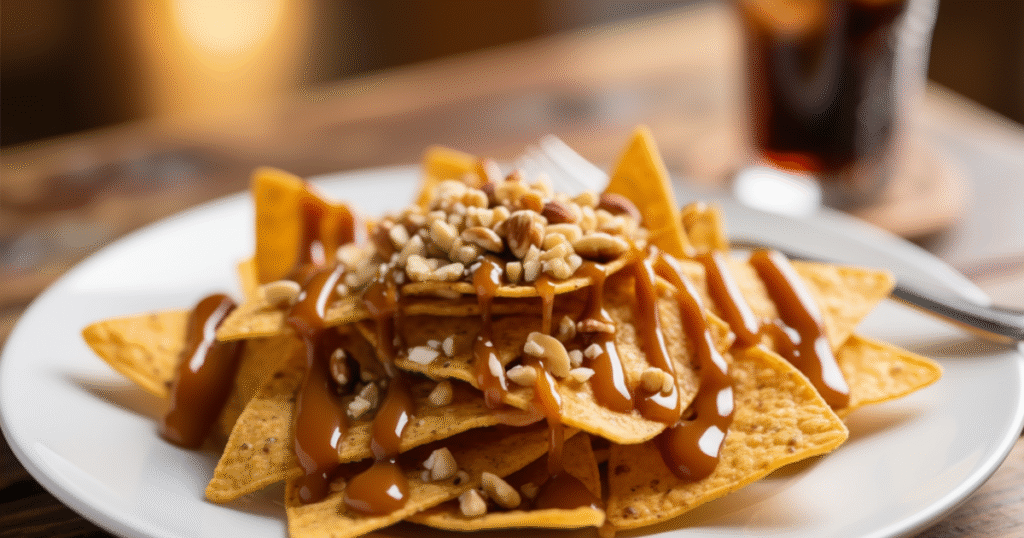 Caramel apple nachos topped with nuts and caramel drizzle.
