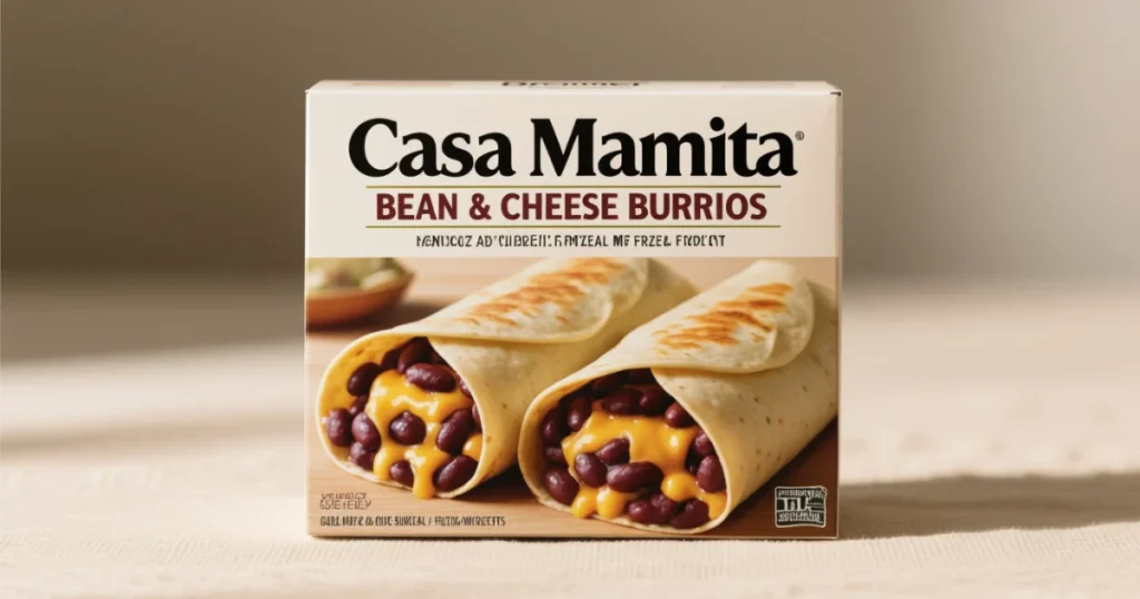 Real Casa Mamita Bean and Cheese Burritos frozen meal box.