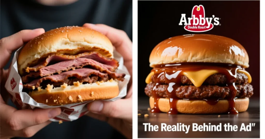 Side-by-side comparison of Arby’s roast beef sandwich in ad vs real purchase.