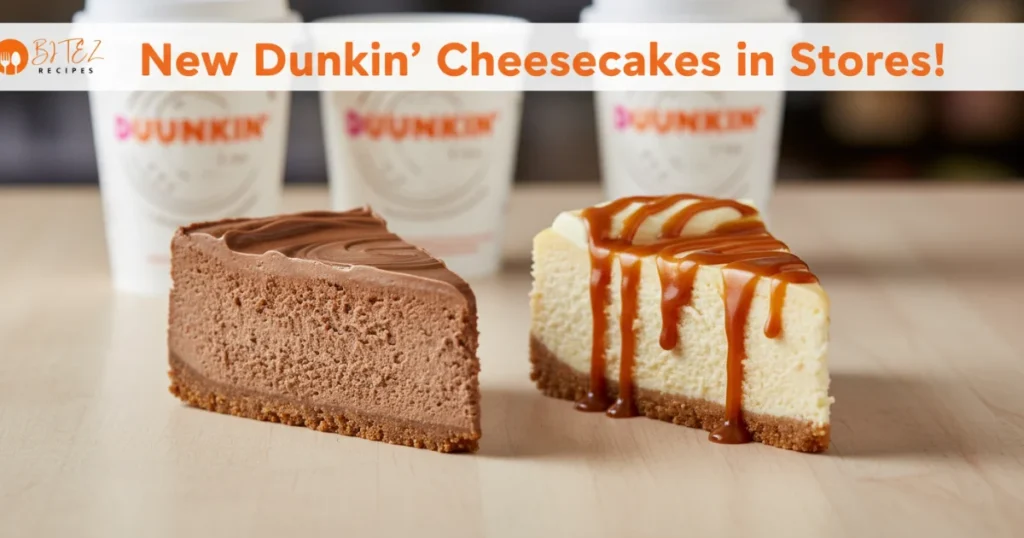 Dunkin’ Mocha Cold Brew and Caramel Cold Brew cheesecakes with Dunkin’ coffee cups in the background and text saying New Dunkin’ Cheesecakes in Stores.