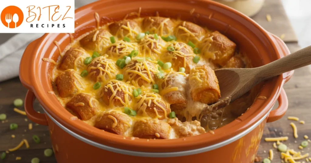 Florida Chili made with pizza rolls, cream cheese, ranch, and hot sauce in a slow cooker