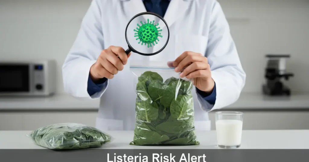frozen spinach listeria recall: Health inspector checking frozen spinach for listeria contamination.