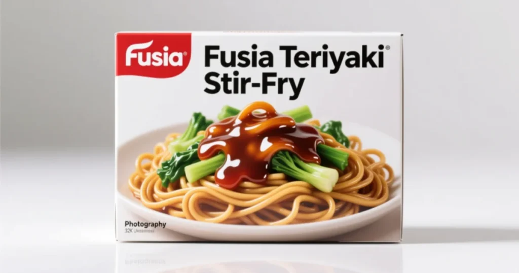 Real Fusia Teriyaki Stir-Fry frozen meal package with noodles and vegetables.