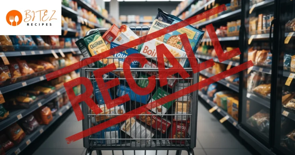 Grocery cart with food items marked with a bold recall warning