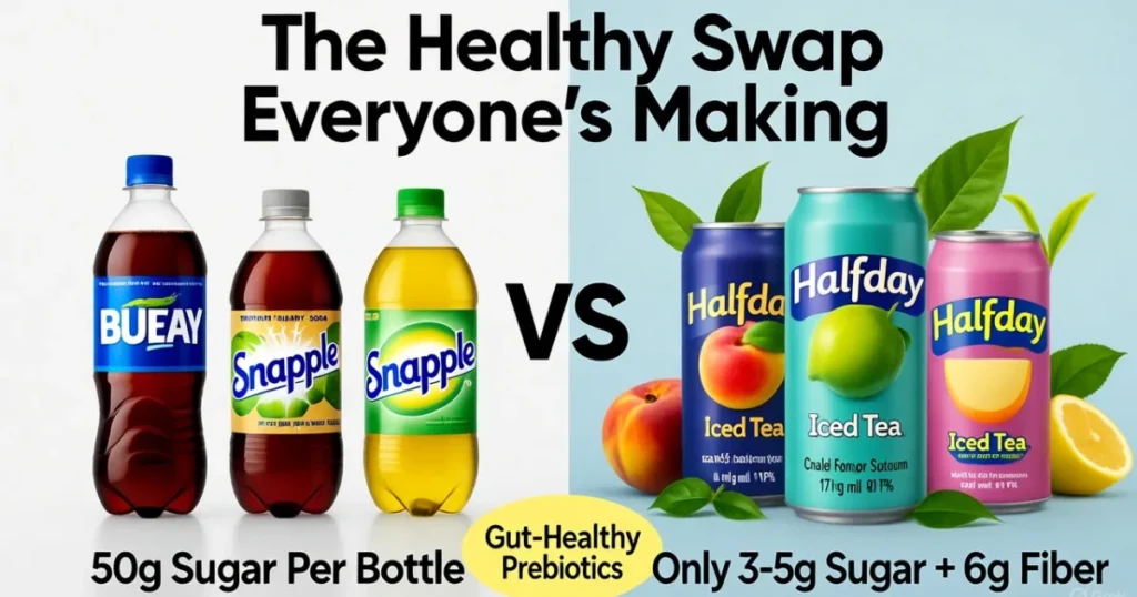 Three vibrant Halfday iced tea cans in different flavors surrounded by fresh peaches and lemons on white counter, healthy refreshing beverage