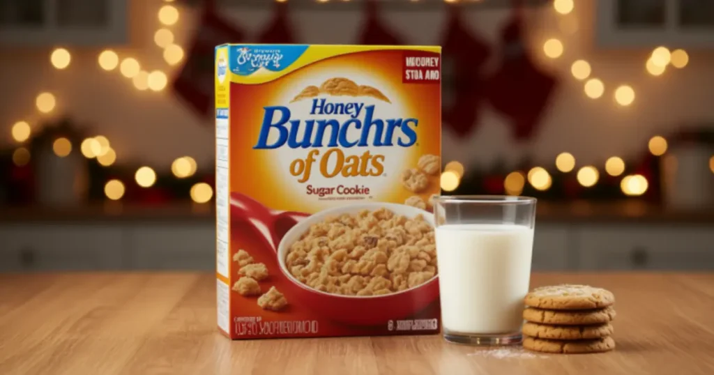 Honey Bunches of Oats Sugar Cookie cereal box with cookies and milk.