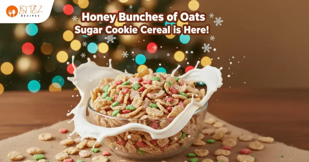 Festive Honey Bunches of Oats Sugar Cookie cereal with holiday sprinkles and milk splash.