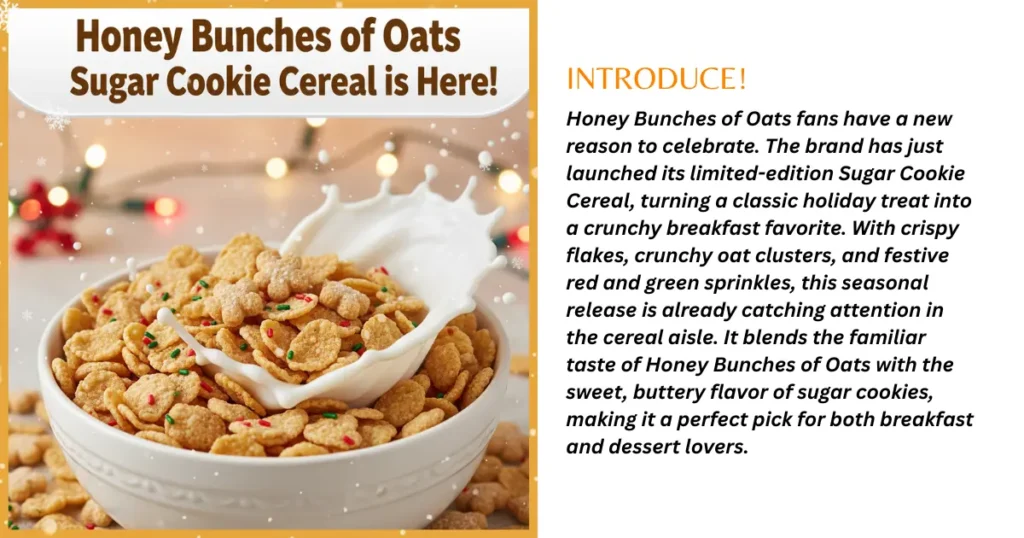 Bowl of Honey Bunches of Oats Sugar Cookie Cereal with festive sprinkles and milk splash, holiday lights in the background.