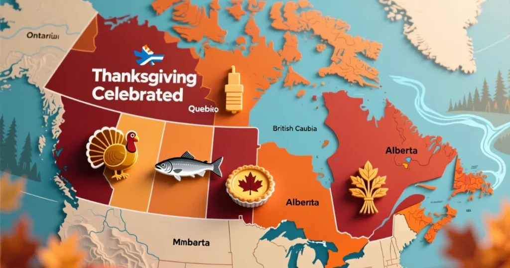 Canadian provinces celebrating Thanksgiving with regional food icons.