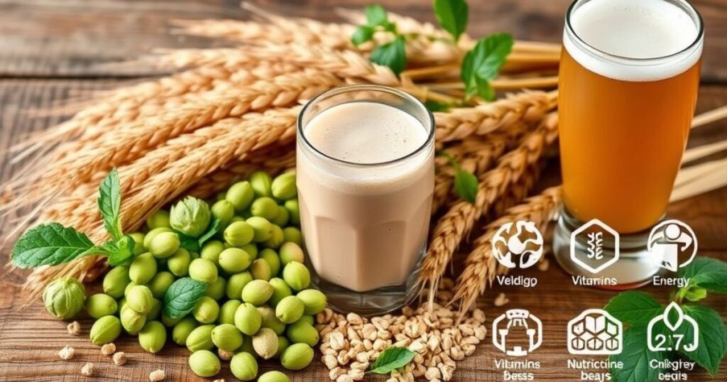 Malted barley, hops, and grains with a glass of malt beverage highlighting nutrition.