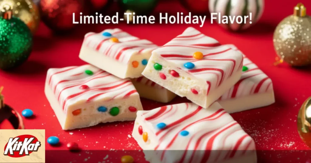 Close-up of Kit Kat Peppermint Stick bars with candy pieces and overlay text ‘Limited-Time Holiday Flavor!