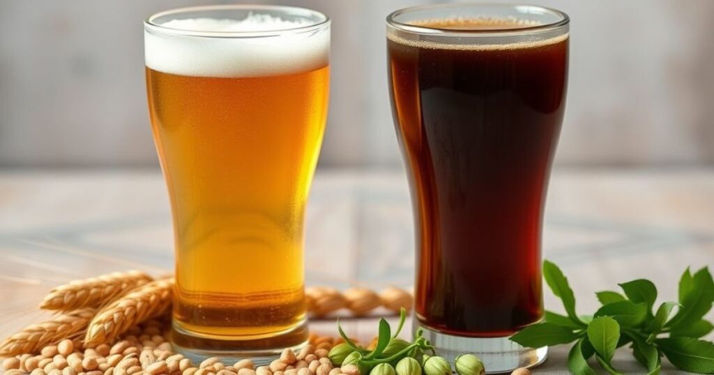 Glass of beer next to a glass of non alcoholic malt beverage on a wooden table.