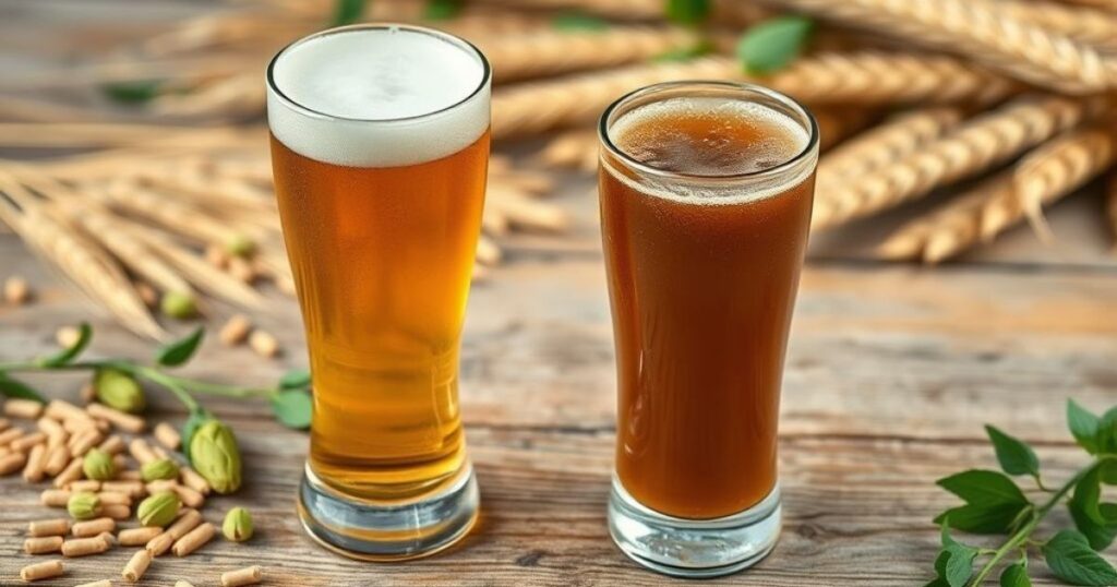 Two malt beverages, one alcoholic beer and one non alcoholic malt soda, served on a rustic table.