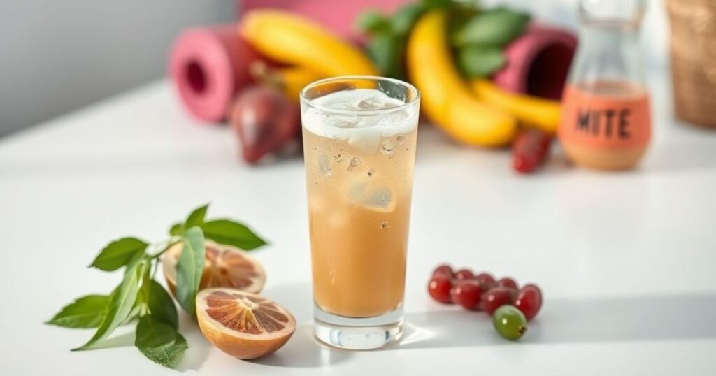 Non alcoholic malt beverage placed with fruits and fitness gear for a healthy lifestyle.