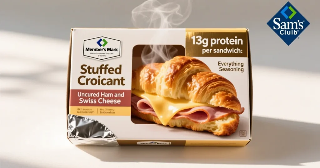 Sam’s Club: Member’s Mark Stuffed Croissant box with plated croissant showing ham and melted cheese.