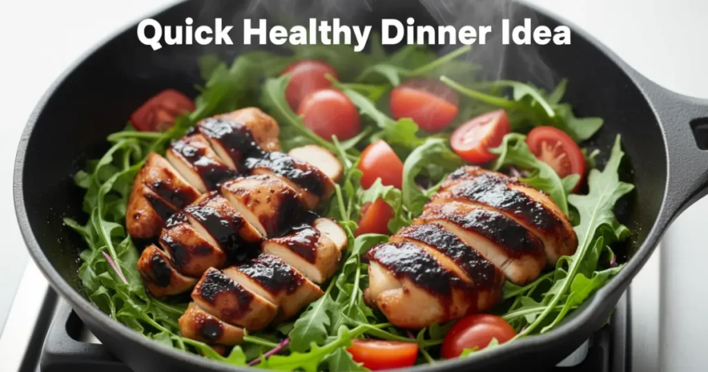 Balsamic chicken with arugula-tomato salad as a quick healthy dinner idea.