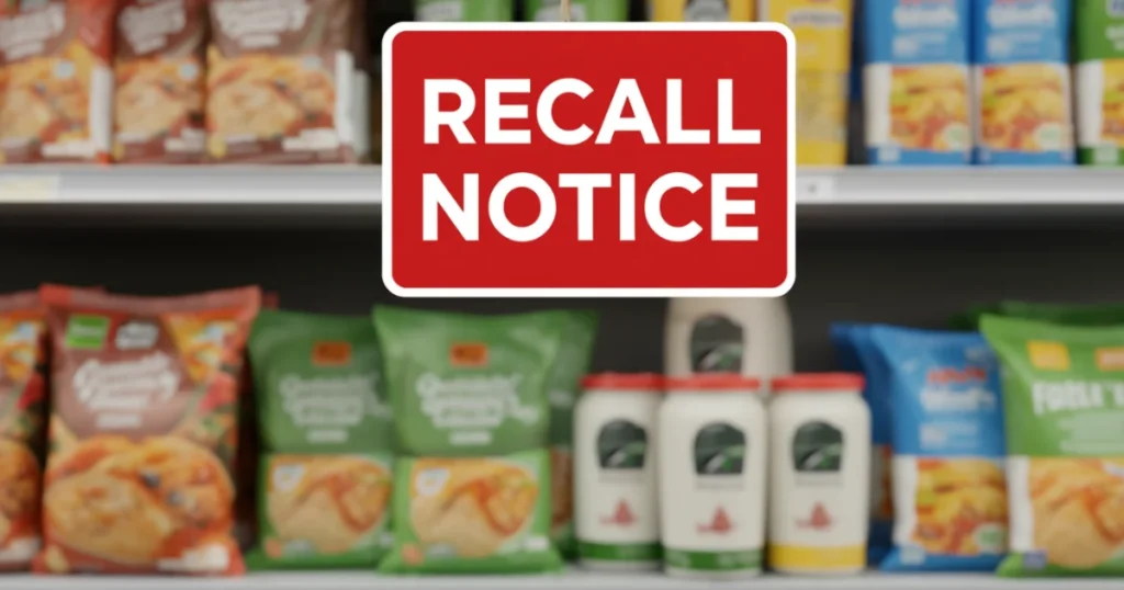 Recalled food products with a red recall notice label