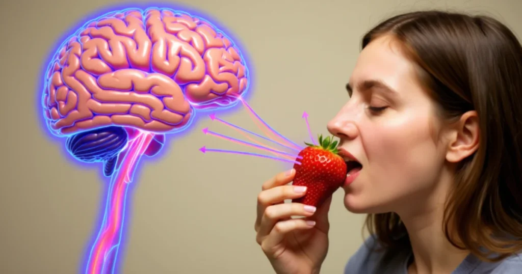 Brain Taste Retronasal Odors: Person eating a strawberry with brain activity highlighted, showing how retronasal odors trigger taste sensations.
