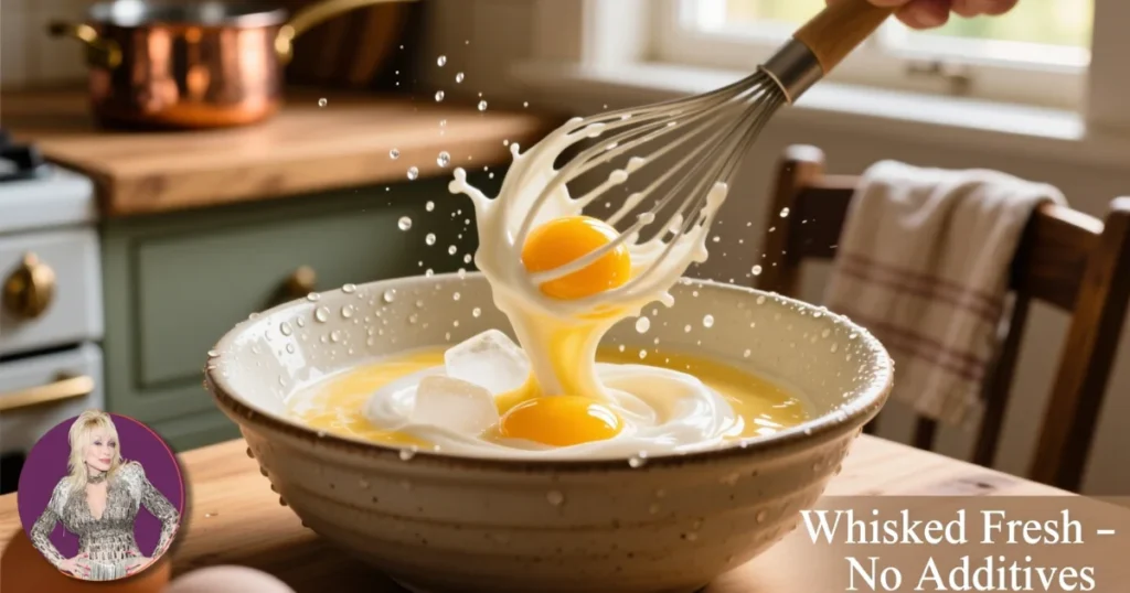 Adding ice water to scrambled eggs for a fluffy texture.
