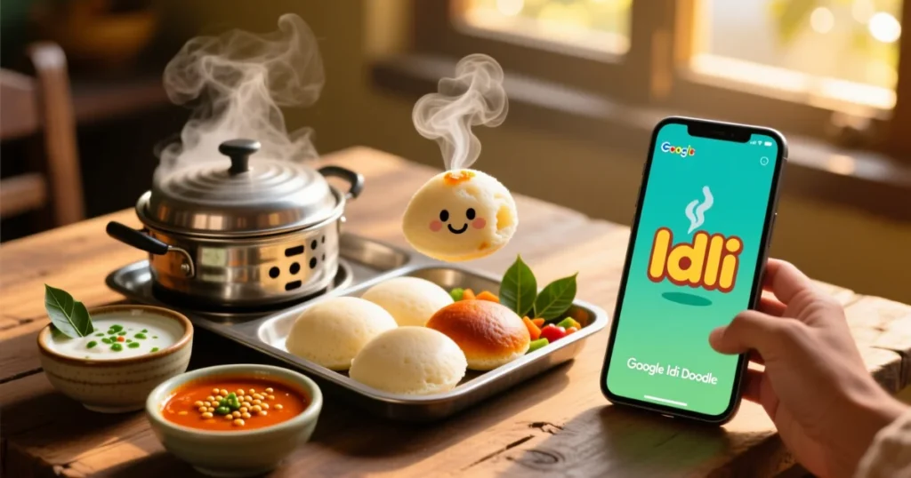 South Indian breakfast setup with idlis, chutneys, and Google Idli Doodle open on a laptop screen