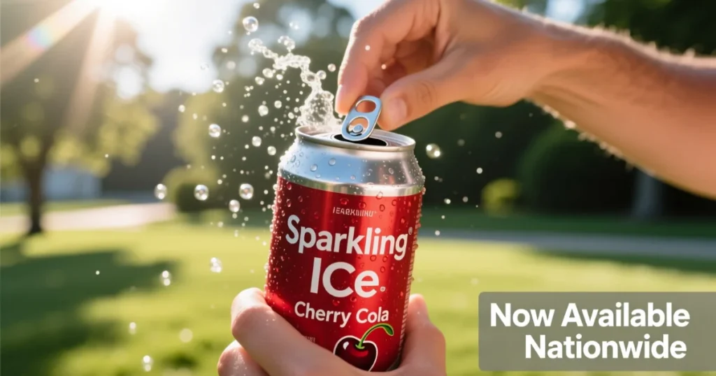 Person opening Sparkling Ice Cherry Cola with fizz and ice around.