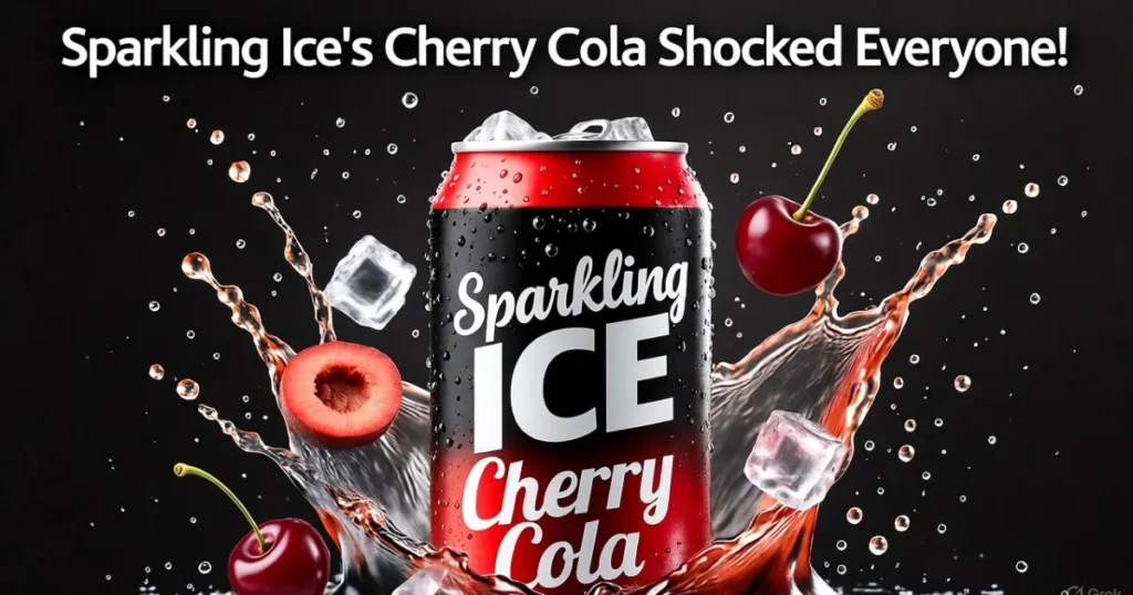 Sparkling Ice Cherry Cola can with cola splash and cherries, showing new flavor launch.
