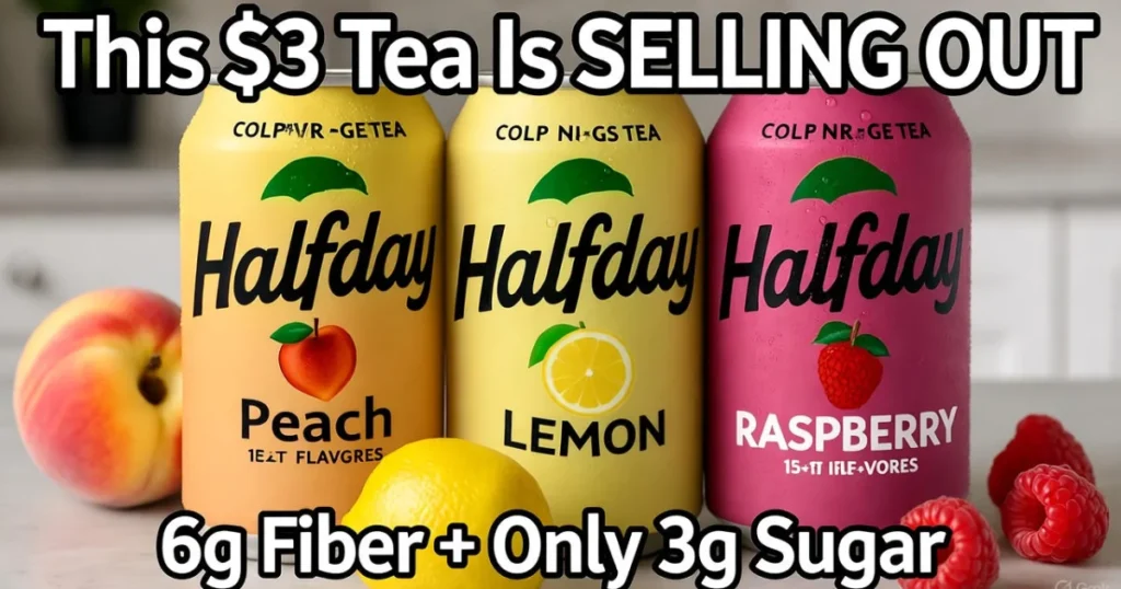 Halfday iced tea cans in peach, lemon, and raspberry flavors with fresh fruit on kitchen counter showing healthy low-sugar beverage alternative