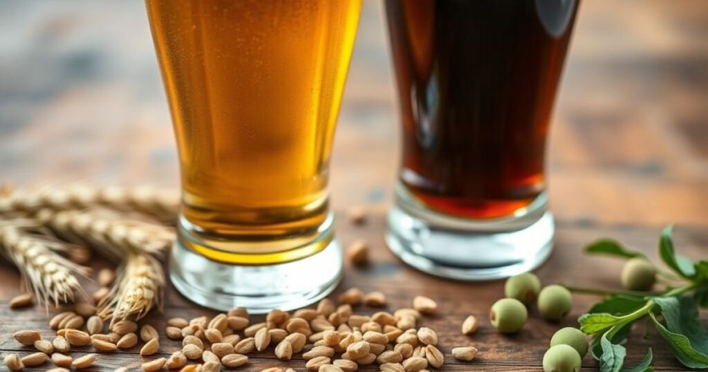 Glasses of alcoholic beer and non alcoholic malt soda with barley and hops.