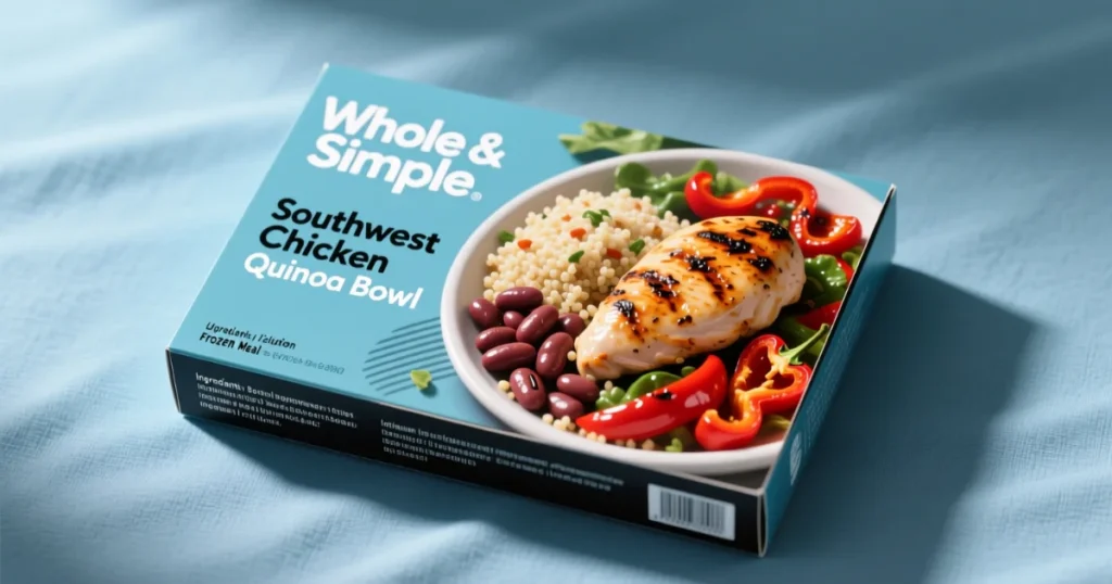 Real Whole & Simple Southwest Chicken Quinoa Bowl box on blue background.